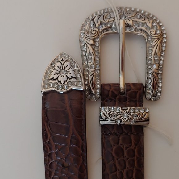 Western Belt NWOT S M Rhinestone Silvertone Brown - Picture 2 of 2